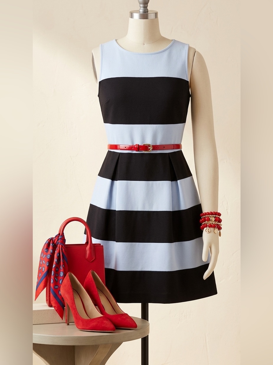 Loft Black And Light Blue Striped Sleeveless A-Line Dress